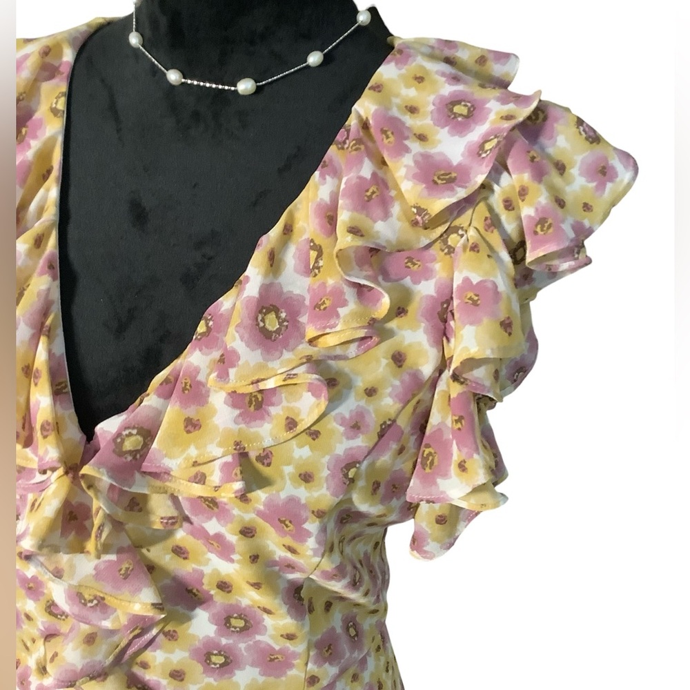 WAYF Daphne pink and yellow floral print midi ruffle dress. MED. COTTAGECORE - Picture 12 of 16